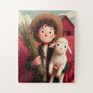 Een boerenjongen met zijn schaapvriend aan zijn zi legpuzzel
