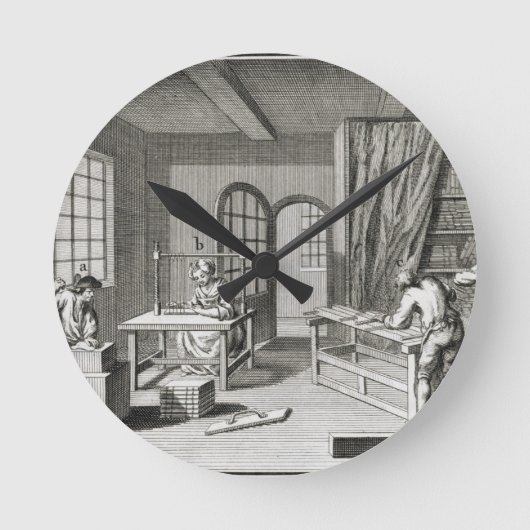Een bookmakersworkshop, van de "Encyclopedie des Ronde Klok (Voorkant)