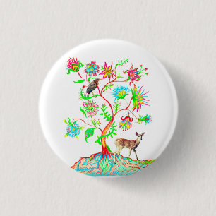 Een boom des levens, een vogel en een fawn ronde button 3,2 cm
