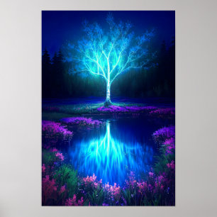 Een boom in blauw midden in de nacht poster