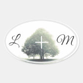 Een boom in de mist met letters ovale sticker (Voorkant)