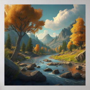 Een boomlandschap met herfsten, bergen en een rivi poster