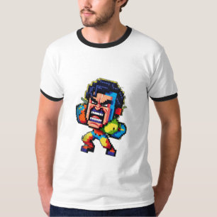 Een boos pixelig personage met retro-gaming t-shirt
