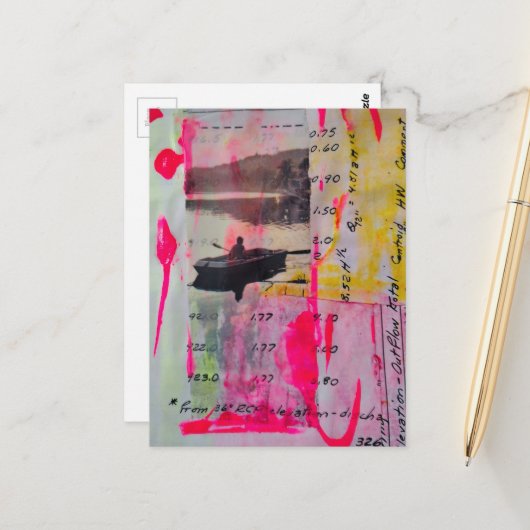 Een boot Mixed media collage Roze Geel Briefkaart (Voorkant / Achterkant in situ)