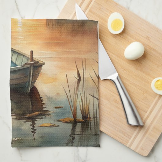 Een boot op het meer theedoek (Quarter Fold)