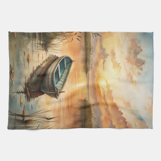 Een boot op het meer theedoek (Horizontaal)