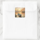 Een boot op het meer vierkante sticker (Tas)