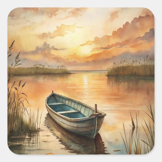 Een boot op het meer vierkante sticker (Voorkant)