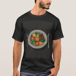 Een bord groente en fruit met een vork t-shirt