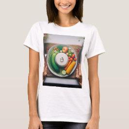 Een bord voedsel met een bord groente t-shirt