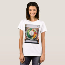 Een bord voedsel met een bord groente t-shirt