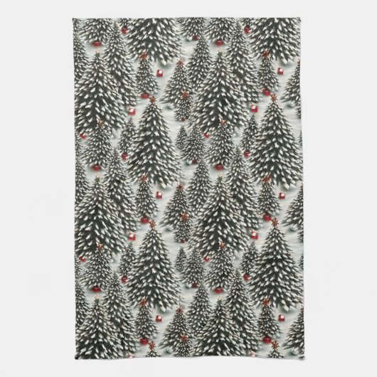 Een bos met sneeuw bedekte kerstbomen theedoek (Verticaal)