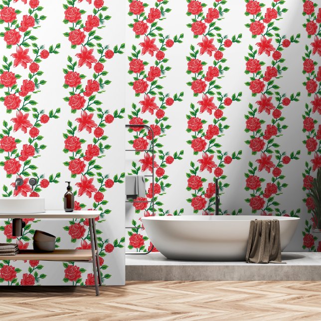 Een bos rode bloemen op een witte achtergrond behang (Badkamer)