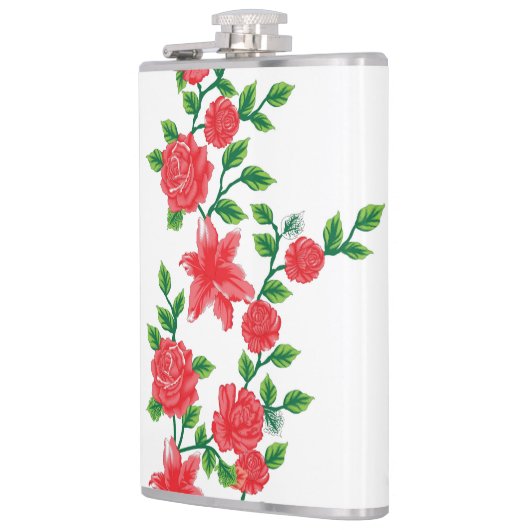 Een bos rode bloemen op een witte achtergrond heupfles (Links)