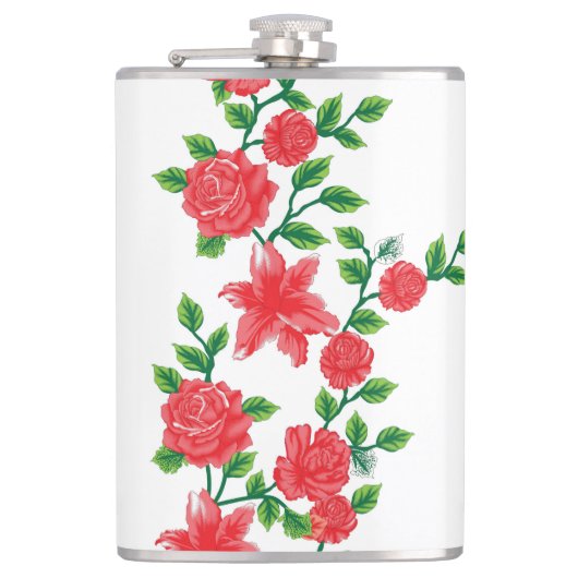 Een bos rode bloemen op een witte achtergrond heupfles (Voorkant)