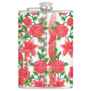 Een bos rode bloemen op een witte achtergrond heupfles