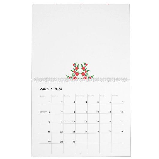 Een bos rode bloemen op een witte achtergrond kalender (Mar 2026)