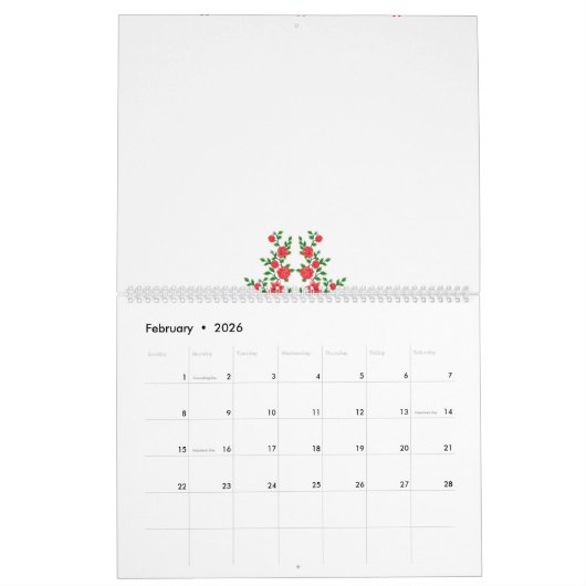 Een bos rode bloemen op een witte achtergrond kalender (Feb 2026)