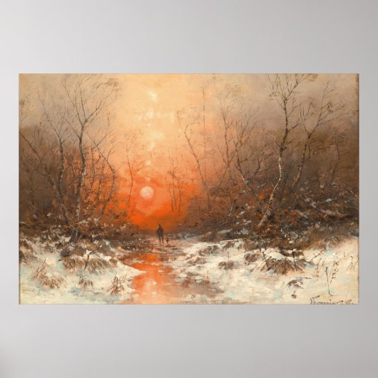 Een bospad met Hunter bij zonsondergang Poster (Voorkant)