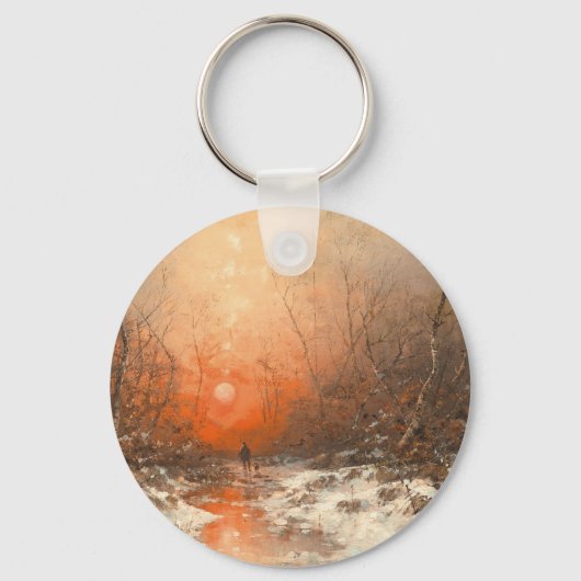 Een bospad met Hunter bij zonsondergang Sleutelhanger (Voorkant)