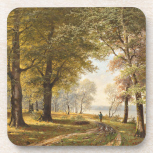 Een bospad met wandelaar in de herfst bier onderzetter