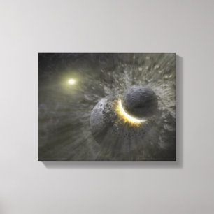 Een botsing tussen massieve objecten in de ruimte canvas afdruk