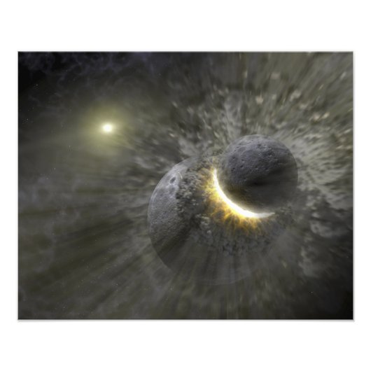 Een botsing tussen massieve objecten in de ruimte foto afdruk (Voorkant)