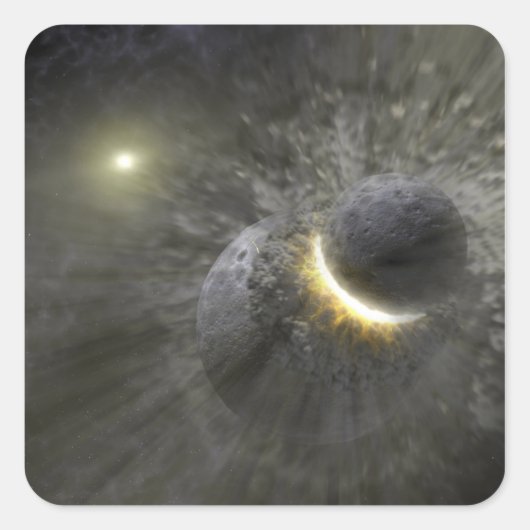 Een botsing tussen massieve objecten in de ruimte vierkante sticker (Voorkant)