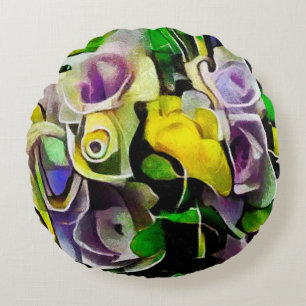 Een bouquet mooie bloemen in een moderne stijl rond kussen