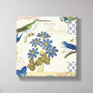 Een Bouquet van Blauwe Bloemen, Vogels en Butterfl Canvas Afdruk