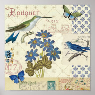Een Bouquet van Blauwe Bloemen, Vogels en Butterfl Poster