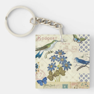 Een Bouquet van Blauwe Bloemen, Vogels en Butterfl Sleutelhanger