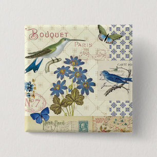 Een Bouquet van Blauwe Bloemen, Vogels en Butterfl Vierkante Button 5,1 Cm
