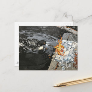 Een boze duiker die ijs smelt met vuur  briefkaart