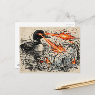 Een boze duiker die ijs smelt met vuur Houtsnede Briefkaart