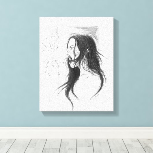 Een boze vrouw die potlood tekent kunst canvas afdruk (Insitu (Houten vloer))