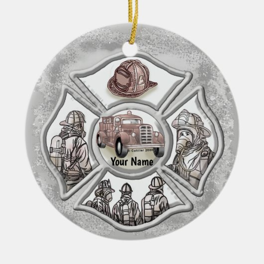 Een brandweerman, Maltees kruiskeramisch Ornament (Voorkant)