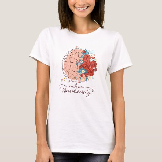 Een brein en bloemen omarmen neurodiversiteit t-shirt (Voorkant)