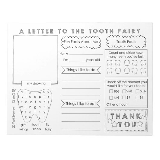 Een brief aan Tooth Fairy Stationery Notitieblok (Voorkant)