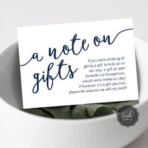 Een briefje over cadeaus, huwelijksreis cash gift  informatiekaartje