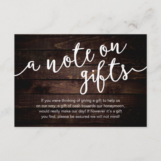 Een briefje over cadeaus, huwelijksreis-fonds cont informatiekaartje (Voorkant)