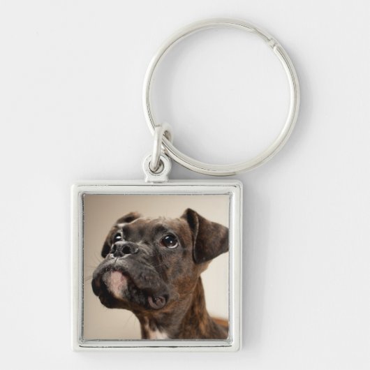 Een Brindle Boxer puppy die vreemd opkijkt. Sleutelhanger (Voorkant)
