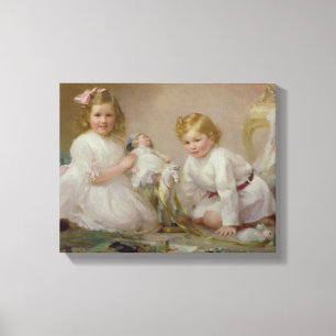 Een broer en zuster spelen, 1915 canvas afdruk