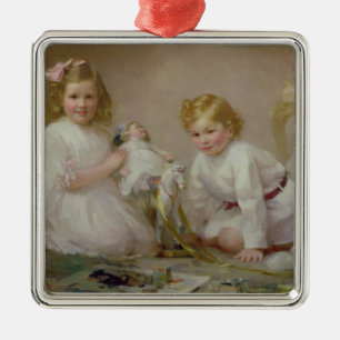 Een broer en zuster spelen, 1915 metalen ornament