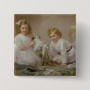 Een broer en zuster spelen, 1915 vierkante button 5,1 cm