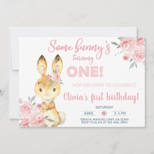 Een bruine konijn en een roze bloemen meisje nodig kaart (Voorkant)