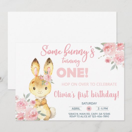 Een bruine konijn en een roze bloemen meisje nodig kaart (Voorkant / Achterkant)