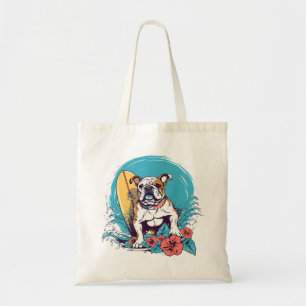 Een bulldog die van het strand houdt die wat golve tote bag