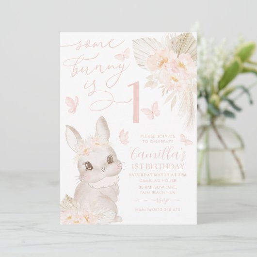 Een Bunny 1st Birthday Boho Pink Butterfly Cute Kaart (Staand voorkant)