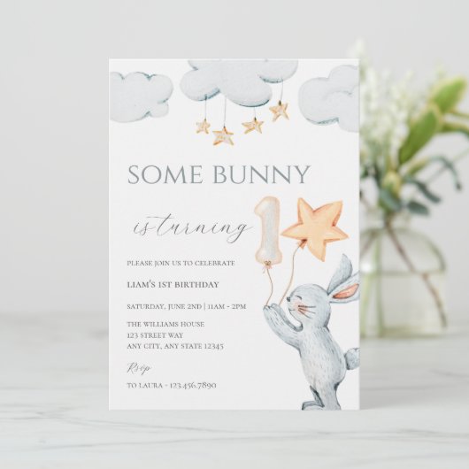 Een Bunny 1st Birthday Party Invitation Kaart (Staand voorkant)